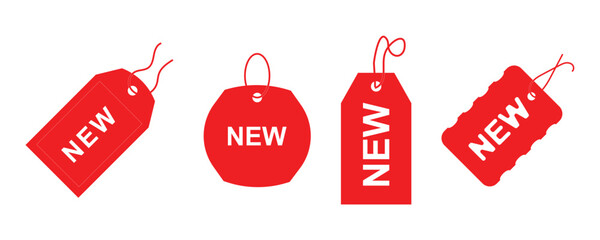 New product labels. Red stickers with "New" labels in price tag, circular badges and spark shape frames for sale, special offer and new arrival promotion. © RadiantForms