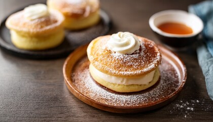 fluffy japanese style mini pancake dusted with confectioner s sugar and topped with a swirl of rich cream cheese