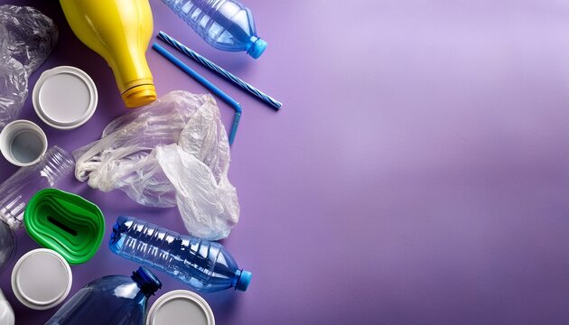 Various plastic waste on lilac background with copy space. Generated image