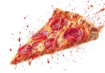 Pepperoni Pizza Slice In Motion With Splashes