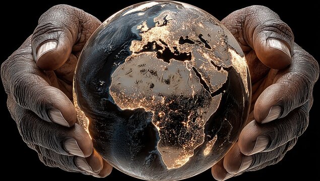Dark-skinned hands gently cradle a luminous globe, showcasing Africa and Europe, illuminated city lights contrasting with a dark, detailed landmass.  The background is pure black