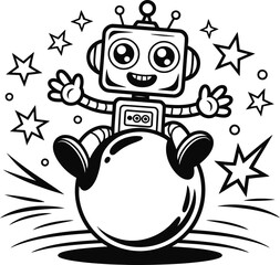Cartoon Robot on Bouncing Ball – Black & White Vector for Kids, Whimsical STEM Design & Playful Coloring Pages
