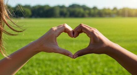 Two hands forming a heart shape together in a field at sunset