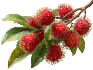 rambutan fruits on the branch, isolated on white transparent background