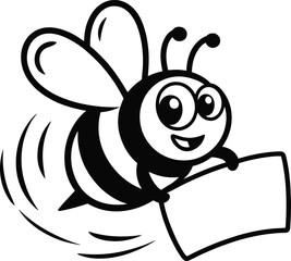 Cartoon Bee Holding Sign – Black & White Vector for Kids, Nature Learning & Whimsical Messaging