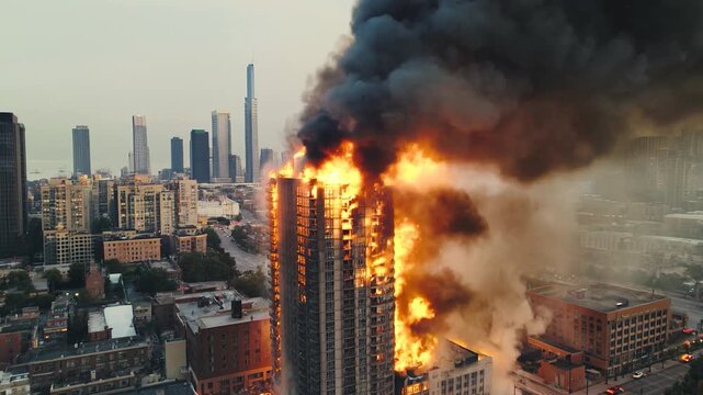 A dramatic cityscape view of a high-rise building engulfed in flames, thick black smoke rising into the sky during a massive urban fire disaster.