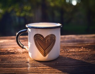 charming enamel mug with heart design on rustic wooden table