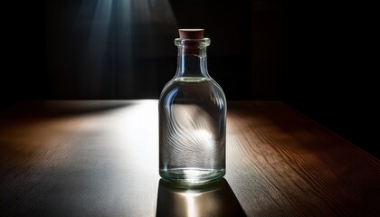 clear glass bottle on a dark table with a single beam of light passing through it creating refractions and shadows on the surface