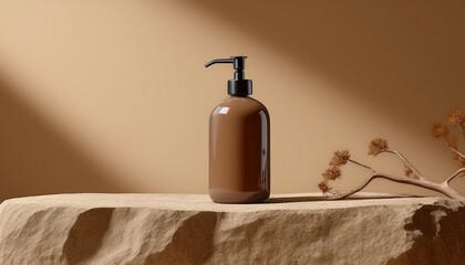 mockup brown liquid soap pump bottle on stone podium cream background ai generated images