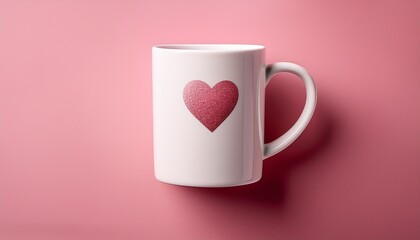 white coffee mug with heart decoration on soft pink background