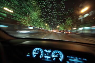 Nighttime driving scene with blurred city lights and superimposed green triangular data streams above a car's dashboard