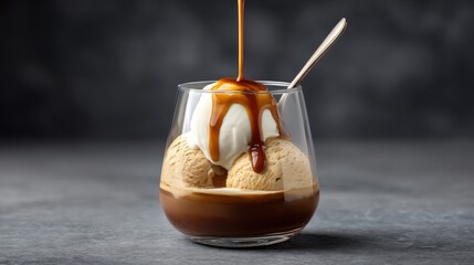 Creamy vanilla ice cream with rich caramel sauce and espresso coffee in a glass dessert cup on a textured dark background