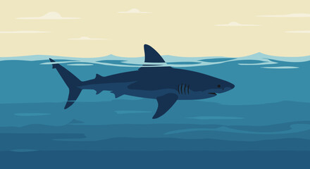 Fototapeta premium Shark swimming in ocean waters under cloudy sky 