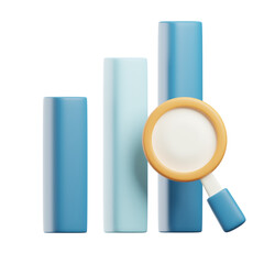 Three Blue Statistic Bar With Magnifying Glass On Transparent Background 3d Render