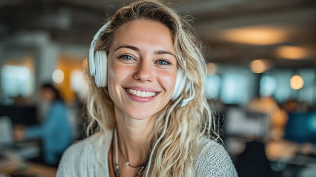 portrait of smiling businesswoman working in a creative office smiling friendly woman working as call center agent for online support young woman in video call with headphones looking at camera no lo