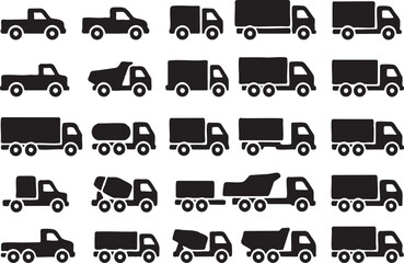 Minimal flat vector icon sheet of vehicles, solid colors, clean design, white background