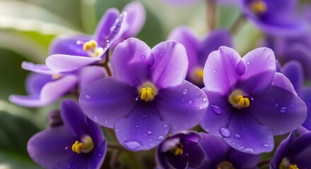 Purple African Violet Flowers Closeup.
