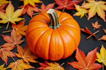 Pumpkin surrounded by autumn leaves on a dark surface.