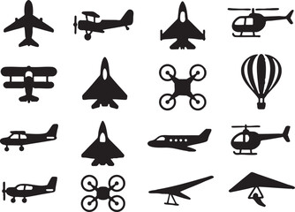 Minimal flat vector icon sheet of vehicles, solid colors, clean design, white background