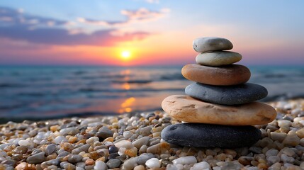 Fototapeta premium Tranquil Sunset Over Serene Beach with Balanced Stones Stacked on Pebble Shoreline