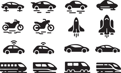 Minimal flat vector icon sheet of vehicles, solid colors, clean design, white background