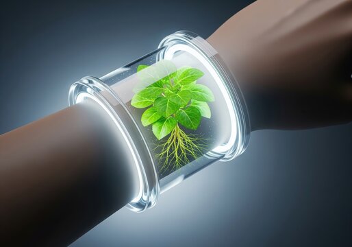 Futuristic transparent smartwatch with live plant terrarium display