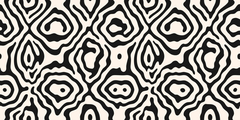 Vector black and white organic seamless pattern. Abstract background with fluid shapes, ripple surface, curved liquid lines. Modern ethnic folk inspired ornament texture. Repeating monochrome design