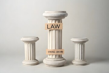 Three stone pillars with the words Law and Strong Ground