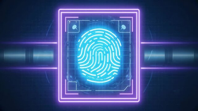 Digital Fingerprint Scanner with Neon Purple Frame and Data Background technology security - Powered by Adobe