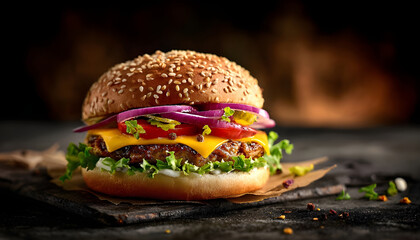 An appetizing burger featuring meticulously arranged ingredients, promising a satisfying and juicy bite, perfect for promoting fast food cravings