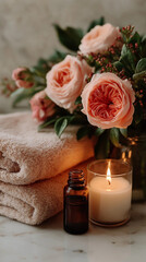 Serene Relaxation: Delicate pink roses and soft towels set a tranquil scene, with a flickering candle and essential oil bottle, inviting moments of calm.