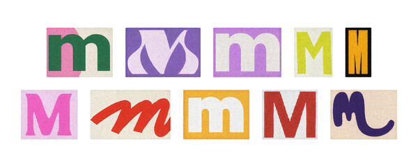 Magazine letter M cutout tiles collage set, colorful on transparent PNG
