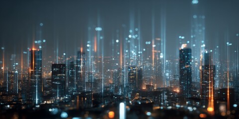 Fototapeta premium Futuristic Cityscape at Night with Glowing Lights and Digital Data Overlays Representing Technology and Innovation in a Modern Urban Environment