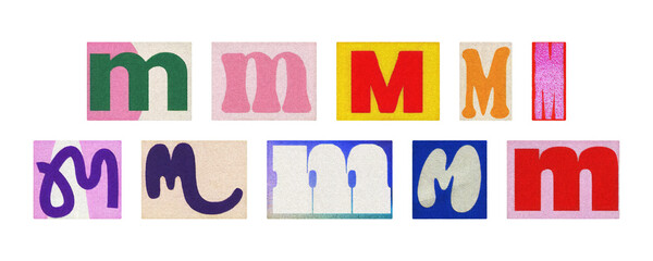 Magazine letter M cutout tiles collage set, colorful on transparent PNG
