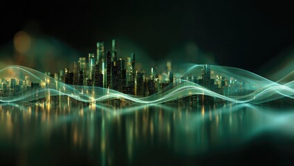 Futuristic cityscape at night, illuminated with glowing teal energy waves flowing around and reflecting on a dark, glassy surface