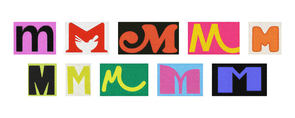 Magazine letter M cutout tiles collage set, colorful on transparent PNG
