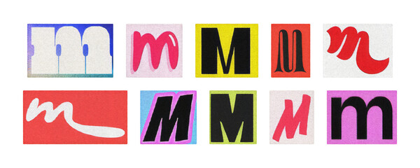 Colorful letter M collage from magazine clippings, isolated transparent PNG
