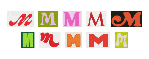 Colorful letter M collage from magazine clippings, isolated transparent PNG

