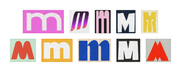 Vintage and modern letter M tiles, magazine collage on transparent PNG
