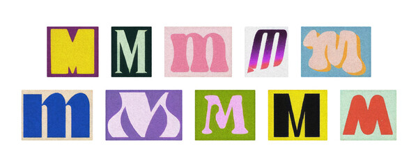 Vintage and modern letter M tiles, magazine collage on transparent PNG
