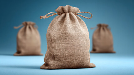 Three brown burlap bags sit on a flat surface against a soft blue backdrop. The bags have a simple natural look, showcasing their texture and form