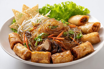 Delicious Vegetarian Glass Noodles with Spring Rolls and Crispy Garnishes made with generative AI