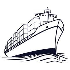 Modern cargo container ship sailing on wavy ocean water in a simple black and white line art illustration