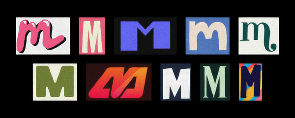 Magazine letter M cutout collage set arranged on a black background
