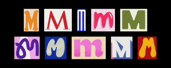 Colorful letter M tiles from magazines, collage against black background
