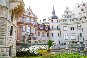 Traditional architecture of the 18th century. Moszna Castle in Poland. Front view