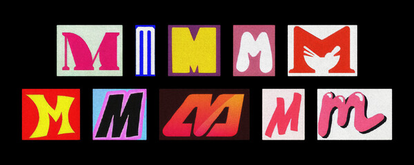 Colorful letter M tiles from magazines, collage against black background
