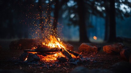 Campfire flames burning in a forest night, warm cozy atmosphere, detailed sparks and glowing wood, natural fire background1