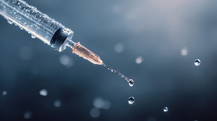 A syringe is shown dripping water droplets against a dark backdrop. The scene captures the fine details of the syringe, emphasizing its design and the fluid dynamics involved