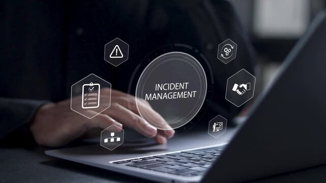 Incident management process business technology concept. diagnosing and resolving unexpected problems that occur. Businessman use laptop with incident management icon on virtual screen. 